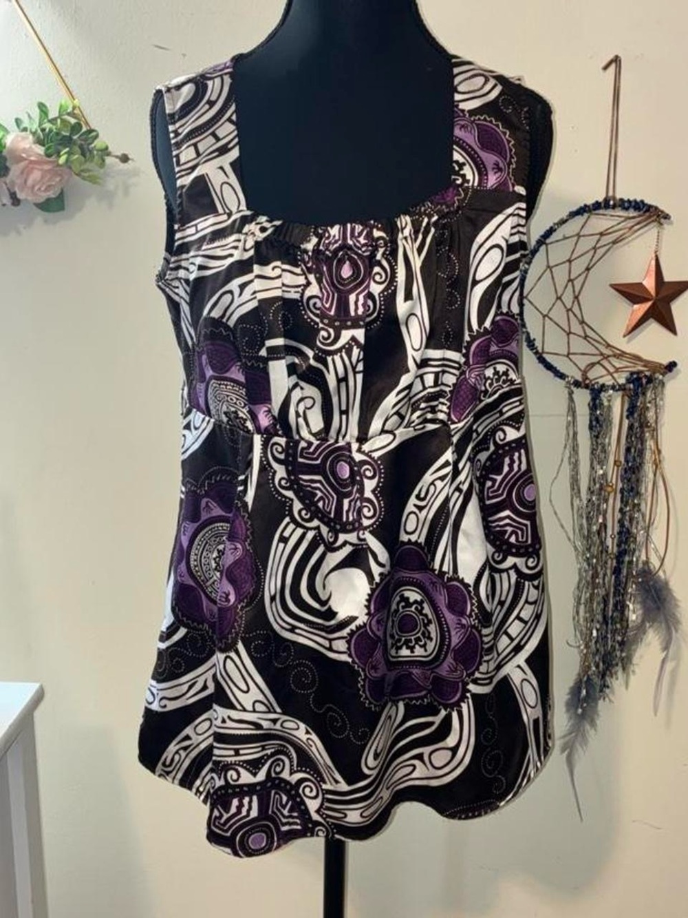 💜 Y2K Vintage Silky Square Neck Blouse | Purple & Black Paisley Top (S)